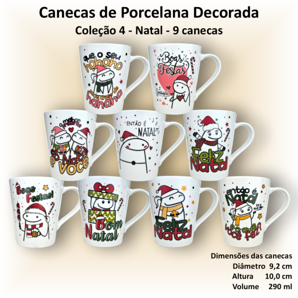 Canecas de porcelana brancas, cônicas, decoradas, 290 ml, xícara, café, chá, Col4-NATAL - 9 canecas