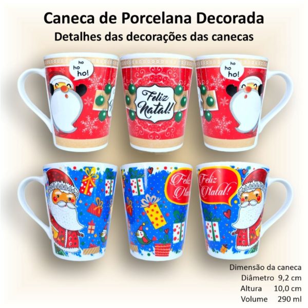Canecas de porcelana brancas, cônicas, decoradas, 290 ml, xícara, café, chá, Col1-NATAL - 6 canecas - Image 3