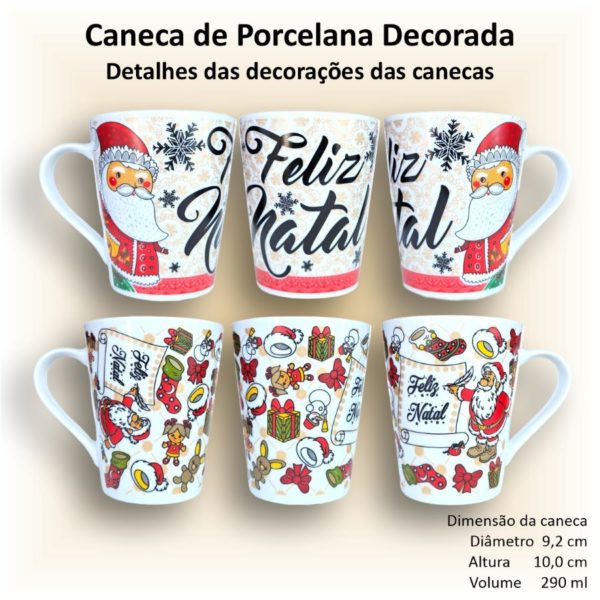 Canecas de porcelana brancas, cônicas, decoradas, 290 ml, xícara, café, chá, Col1-NATAL - 6 canecas - Image 4