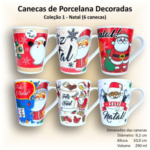 Canecas de porcelana brancas, cônicas, decoradas, 290 ml, xícara, café, chá, Col1-NATAL - 6 canecas