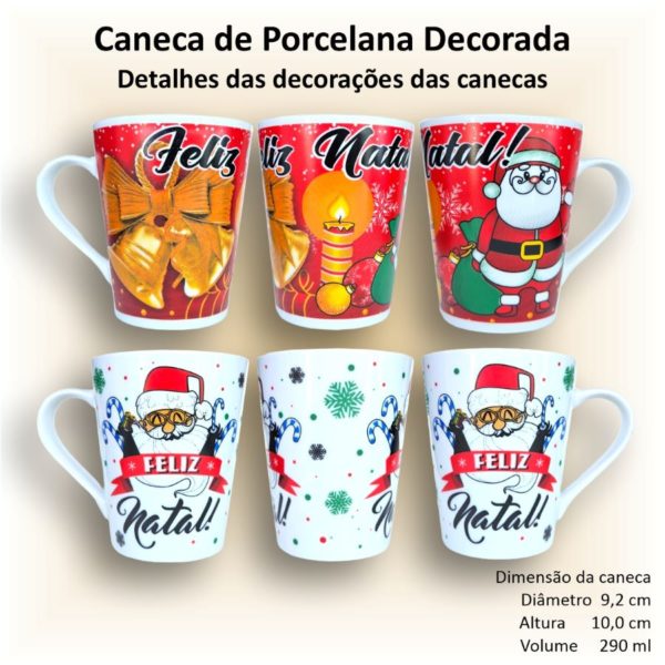 Canecas de porcelana brancas, cônicas, decoradas, 290 ml, xícara, café, chá, Col1-NATAL - 6 canecas - Image 5