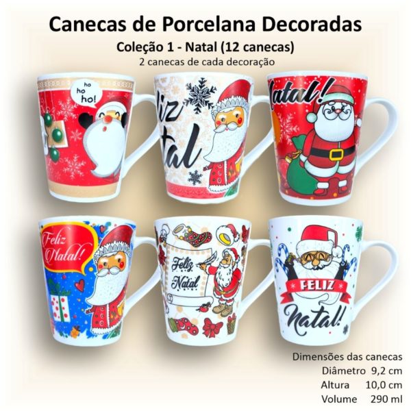Canecas de porcelana brancas, cônicas, decoradas, 290 ml, xícara, café, chá, Col1-NATAL - 12 canecas