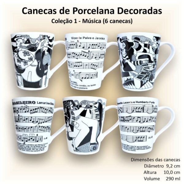 Canecas de porcelana decoradas, 290 ml, xícara, café, chá, Col1-Música - 6 canecas