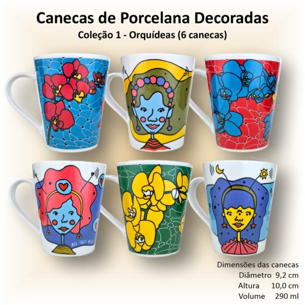 Canecas de porcelana decoradas, 290 ml, xícara, café, chá, Col1-Orquídeas - 6 canecas