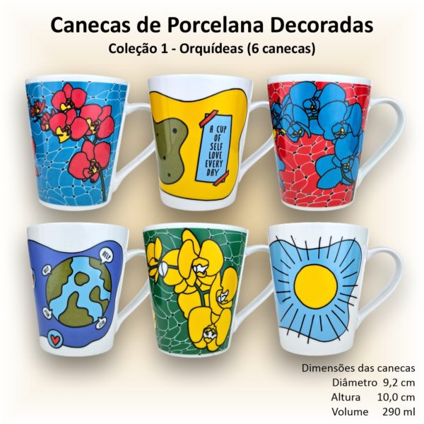 Canecas de porcelana decoradas, 290 ml, xícara, café, chá, Col1-Orquídeas - 6 canecas - Image 2