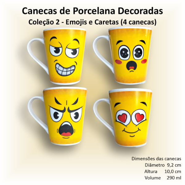Canecas de porcelana brancas, cônicas, decoradas, xicara, café, chá, 290 ml, EMOJIS (CARETAS) - 4 canecas