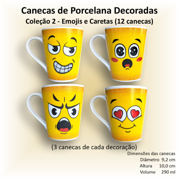 Canecas de porcelana brancas, cônicas, decoradas, xicara, café, chá, 290 ml, EMOJIS (CARETAS) - 12 canecas