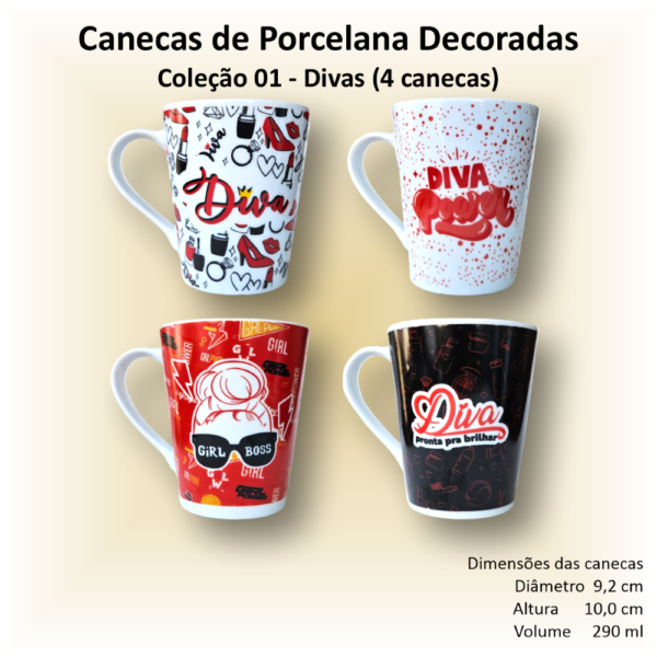 Canecas de porcelana decoradas, 290 ml, xícara, café, chá, Col1-DIVAS - 4 canecas