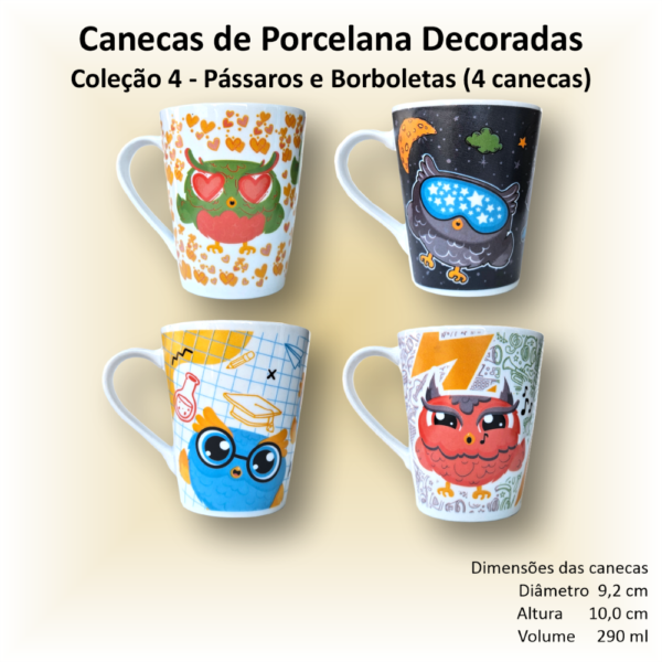 Canecas de porcelana decoradas, 290 ml, xícara, café, chá, Col4-PÁSSAROS-BORBOLETAS - 4 canecas