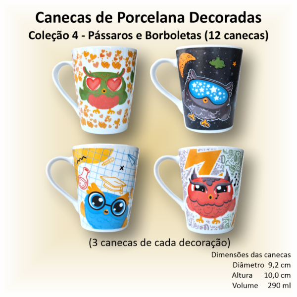 Canecas de porcelana decoradas, 290 ml, xícara, café, chá, Col4-PÁSSAROS-BORBOLETAS - 12 canecas
