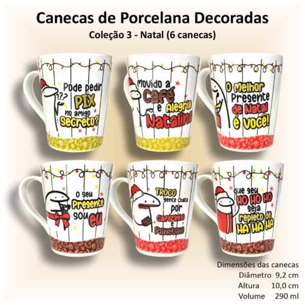 Canecas de porcelana brancas, cônicas, decoradas, 290 ml, xícara, café, chá, Col3-NATAL - 6 canecas