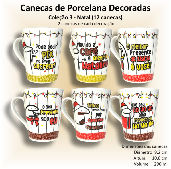 Canecas de porcelana brancas, cônicas, decoradas, 290 ml, xícara, café, chá, Col3-NATAL - 12 canecas