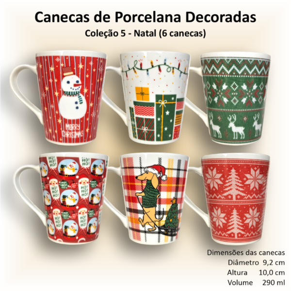 Canecas de porcelana brancas, cônicas, decoradas, 290 ml, xícara, café, chá, Col5-NATAL - 6 canecas