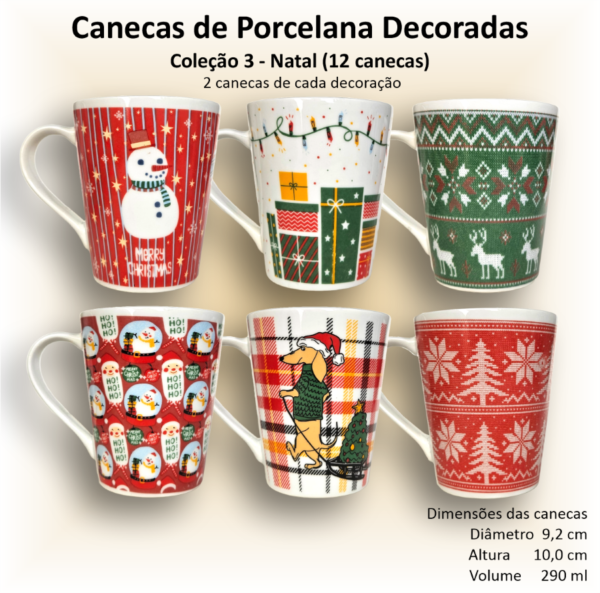 Canecas de porcelana brancas, cônicas, decoradas, 290 ml, xícara, café, chá, Col5-NATAL - 12 canecas