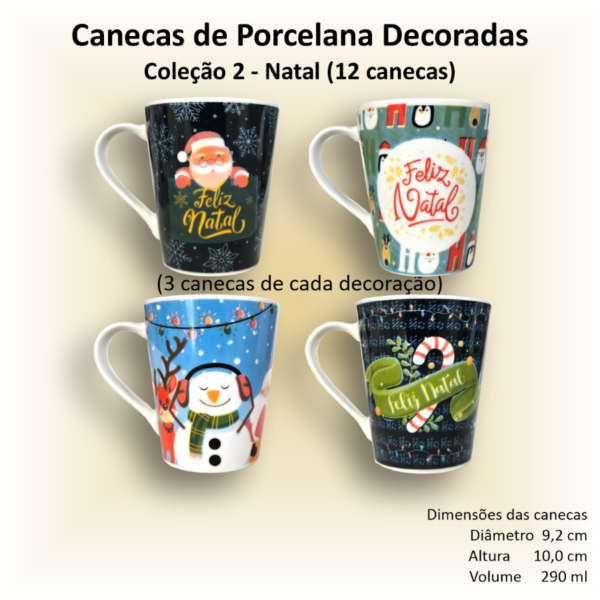 Canecas de porcelana brancas, cônicas, decoradas, 290 ml, xícara, café, chá, Col2-NATAL - 12 canecas