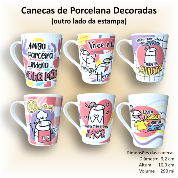 Canecas de porcelana brancas, cônicas, decoradas, 290 ml, xícara, café, chá, Col7-MÃES - 6 canecas - Image 3