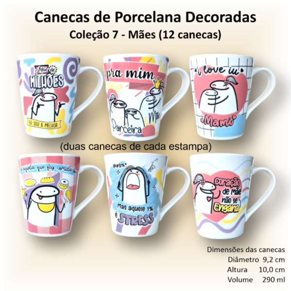 Canecas de porcelana brancas, cônicas, decoradas, 290 ml, xícara, café, chá, Col7-MÃES - 12 canecas