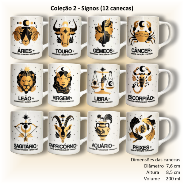 Canecas de porcelana, retas, decoradas, 200 ml, xícara, café, chá, Col2-SIGNOS - 12 canecas