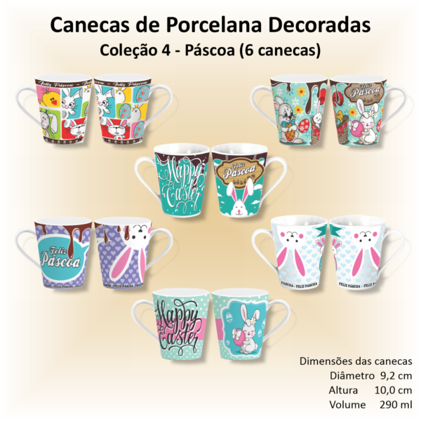 Canecas de porcelana brancas, cônicas, decoradas, 290 ml, xícara, café, chá, Col4-PÁSCOA - 6 canecas