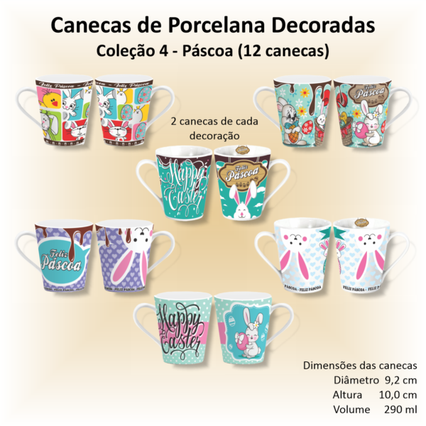 Canecas de porcelana brancas, cônicas, decoradas, 290 ml, xícara, café, chá, Col4-PÁSCOA - 12 canecas