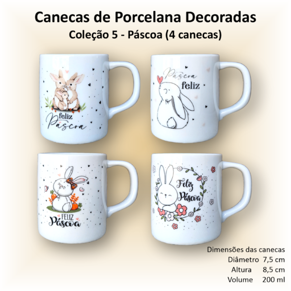 Canecas de porcelana decoradas, 200 ml, xícara, café, chá, Col5-Páscoa - 4 canecas