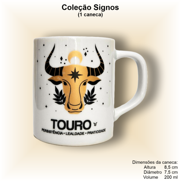 Caneca de porcelana, reta, decorada, 200 ml, xícara, café, chá, signo TOURO - 1 caneca