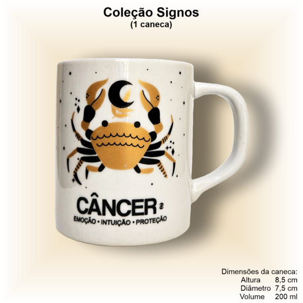 Caneca de porcelana, reta, decorada, 200 ml, xícara, café, chá, signo CÂNCER - 1 caneca