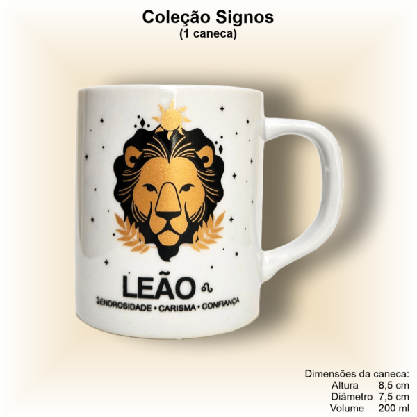 Caneca de porcelana, reta, decorada, 200 ml, xícara, café, chá, signo LEÃO - 1 caneca