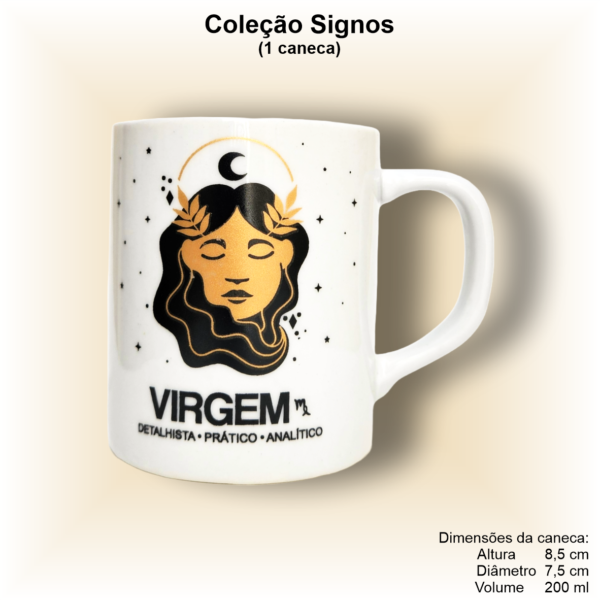 Caneca de porcelana, reta, decorada, 200 ml, xícara, café, chá, signo VIRGEM - 1 caneca