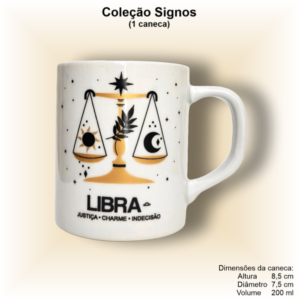 Caneca de porcelana, reta, decorada, 200 ml, xícara, café, chá, signo LIBRA - 1 caneca