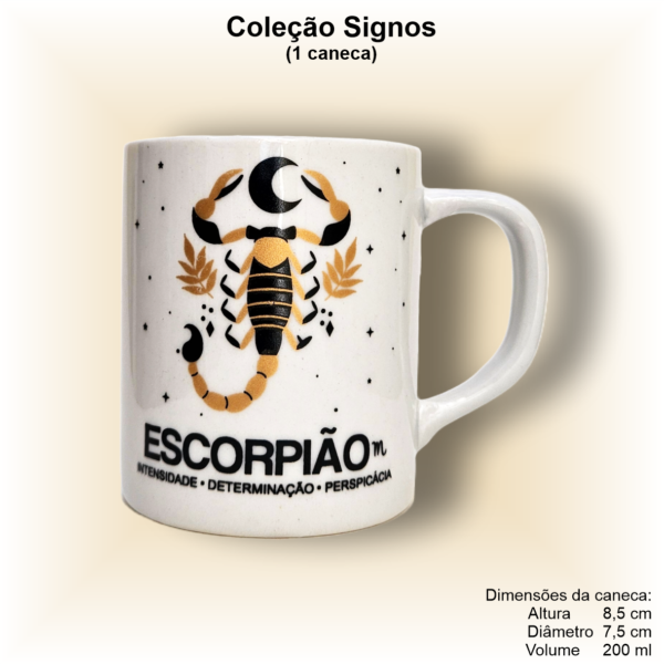 Caneca de porcelana, reta, decorada, 200 ml, xícara, café, chá, signo ESCORPIÃO - 1 caneca
