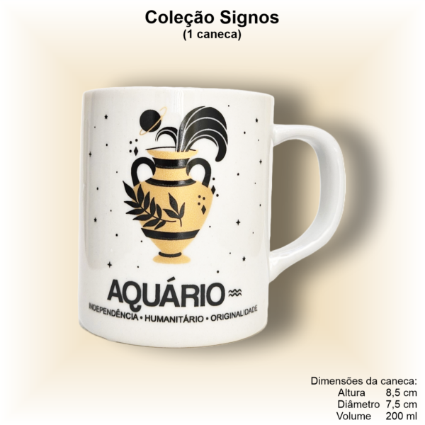 Caneca de porcelana, reta, decorada, 200 ml, xícara, café, chá, signo AQUÁRIO - 1 caneca