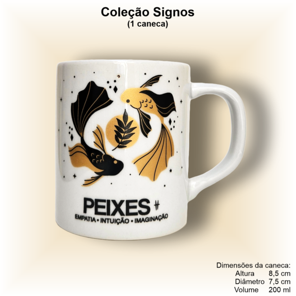Caneca de porcelana, reta, decorada, 200 ml, xícara, café, chá, signo PEIXES - 1 caneca