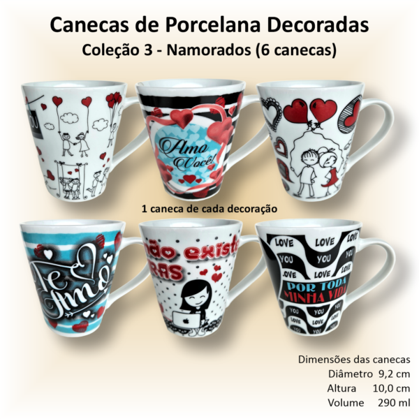 Canecas de porcelana decoradas, 290 ml, xícara, café, chá, Col3-NAMORADOS - 6 canecas