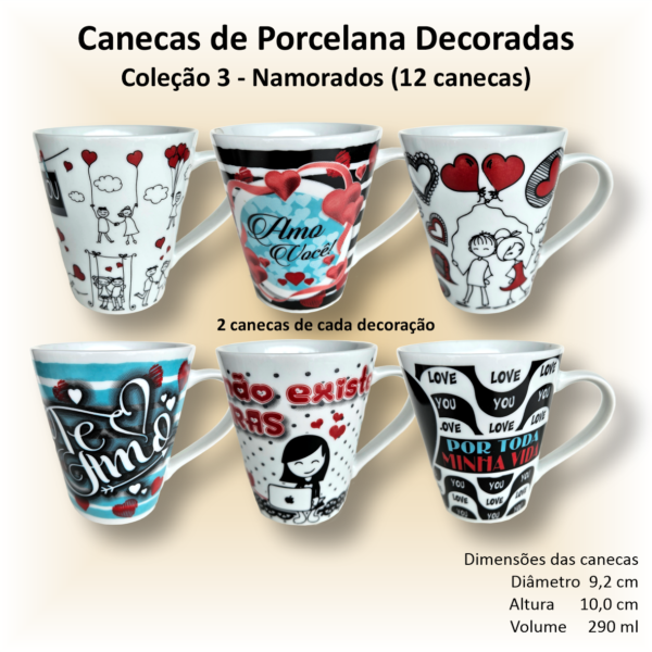 Canecas de porcelana decoradas, 290 ml, xícara, café, chá, Col3-NAMORADOS - 12 canecas